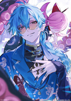 1boy 1girl ahoge animal_print aqua_hair artist_name black_dress blue_nails blue_shirt bow braid chest_tattoo chinese_clothes cloud_print copyright_notice dress earrings eyeliner fairy finger_tattoo fingernails fish_print fragaria_memories glitch hair_between_eyes hair_bow hair_over_eyes hand_on_own_chest hand_to_own_mouth hangyon_(fragaria_memories) highres jewelry layered_clothes light_smile lily_(fragaria_memories) long_bangs long_hair long_sleeves looking_at_viewer makeup monster_girl nail_polish necklace official_art orange_hair ozaki_domino pointy_ears red_eyeliner round_eyewear scylla sharp_fingernails shirt smirk sunglasses tattoo tentacles