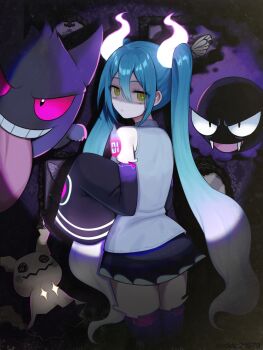 1girl aqua_hair black_sleeves butterfree commentary_request detached_arm detached_legs detached_sleeves from_behind gastly gen_1_pokemon gen_7_pokemon gengar ghost_miku_(project_voltage) ghost_type_theme_(pokemon) glitch green_eyes hatsune_miku highres indoors long_hair looking_at_viewer mimikyu miniskirt nintendo pokemon pokemon_(creature) project_voltage purple_thighhighs shaded_face skirt sleeves_past_fingers sleeves_past_wrists thighhighs twintails very_long_hair vickie_(cryingrobot) vocaloid will-o'-the-wisp_(mythology) zettai_ryouiki