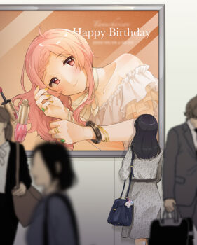 1boy 1girl 3girls ahoge animal_charm armlet bag bare_shoulders belt belted_dress black_jacket black_pants black_suit blue_bag blue_hair blurry blurry_text blush bow bowtie bracelet braid braided_bangs brown_bag charm_(object) closed_mouth cosmetics depth_of_field dress floral_print formal_clothes frilled_dress frills from_behind from_side gold_bracelet gold_ring grey_belt grey_dress happy_birthday holding holding_bag jacket jewelry lli7chi long_dress looking_at_viewer looking_up lying_on_hand makeup mascara medium_hair multiple_bracelets multiple_girls multiple_rings nail_polish nail_polish_bottle nishizono_honoka on_wall open_clothes open_jacket outdoors pants people picture_frame pink_eyes pink_hair print_dress ring short_hair simple_background sleeveless sleeveless_dress smile solo_focus standing suit suit_jacket tokyo_7th_sisters walking white_bow white_dress