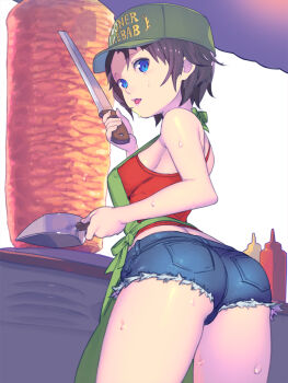 Rule 34 | 1girl, apron, ass, back, bare shoulders, baseball cap, blue eyes, blue shorts, bottle, breasts, brown hair, clothes writing, cooking, cowboy shot, cutoffs, denim, denim shorts, doner kebab, doner sandwich, enkyo yuuichirou, female focus, food, food stand, from behind, green hat, grill, hat, headwear writing, highres, hisho collection, holding, ketchup, knife, lipstick, looking at viewer, looking back, makeup, meat, medium breasts, mustard, open mouth, original, pink lips, pocket, rotisserie, shish kebab, short hair, short shorts, shorts, sideboob, solo, standing, sweat, tank top, thighs, tongue, tongue out, vertical rotisserie, white background