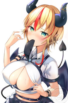 1girl black_necktie blonde_hair blue_eyes blush breasts cleavage closed_mouth collared_shirt commentary_request demon_girl demon_horns demon_tail demon_wings highres hololive horns large_breasts looking_at_viewer medium_hair mouth_hold multicolored_hair necktie official_alternate_costume pointy_ears red_streaks shirt sidelocks solo streaked_hair syukuri_works tail virtual_youtuber white_background white_shirt wings yuzuki_choco yuzuki_choco_(police)