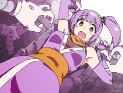 1girl animated arms_up artist_logo artist_name bare_shoulders blush bouncing_breasts breast_expansion breasts brown_eyes bursting_breasts elbow_gloves fingerless_gloves gigantic_breasts gloves grabbing_another&#039;s_breast groping hair_ornament holding_another&#039;s_wrist huge_breasts japanese_clothes kimono kusagakure_satoko large_breasts logo mechanical_arms medium_breasts momo_no_suidou-sui multiple_hands ninja ninja_to_koroshiya_no_futarigurashi open_mouth orange_scarf panties pov purple_hair restrained sash scarf short_kimono shuriken_hair_ornament side_ponytail sleeveless sleeveless_kimono solo tagme teeth ugoira underwear video wardrobe_malfunction white_panties wrist_guards