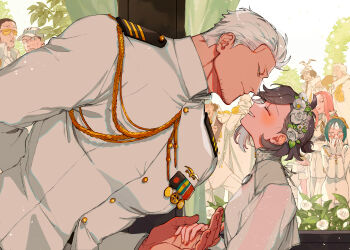 3girls 6+boys absurdres aiguillette antenna_hair aokiji_(one_piece) arm_behind_back blush breasts bride buttons character_request closed_mouth commentary_request couple day face-to-face facial_hair facing_another facing_up flower goatee_stubble grey_hair gushing hair_flower hair_ornament head_wreath hetero highres hina_(one_piece) holding_hands husband_and_wife jewelry kabane_(rjev8385) kizaru_(one_piece) light_smile long_sleeves looking_at_another looking_down medal military_uniform monkey_d._garp multiple_boys multiple_girls necklace oc_x_canon one_piece original parted_lips popped_collar profile rose sakazuki_(one_piece) sengoku_(one_piece) shirt short_hair shoulder_boards small_breasts smile smoker_(one_piece) stubble tashigi upper_body wedding white_flower white_hair white_rose white_shirt