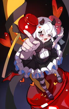 1girl absurdres asymmetrical_legwear bare_arms black_background black_bow black_dress black_horns black_pantyhose black_ribbon black_shoes bow breasts bright_pupils candy_apple candy_apple_cookie chinese_commentary circle_skirt colored_eyelashes commentary_request cookie_run cookie_run:_kingdom demon_horns diamond-shaped_pupils diamond_(shape) dress fang food food-themed_hair_ornament frilled_dress frills full_body hair_between_eyes hair_ornament hand_on_own_head happy heart highres horns humanization leaning_forward light_particles looking_at_viewer lu_xiangu mary_janes mismatched_legwear on_food open_mouth pantyhose petite pinafore_dress pleated_dress pointing pointing_at_viewer puffy_short_sleeves puffy_sleeves red_eyes ribbon shirt shoes short_dress short_hair short_sleeves sleeveless sleeveless_dress small_breasts small_horns smile solo standing striped_clothes striped_pantyhose symbol-shaped_pupils two-tone_pantyhose white_hair white_pantyhose white_pupils white_shirt