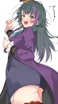1girl absurdres ass blue_hair blue_skirt coat commentary_request fangs gakuen_idolmaster green_eyes hat highres idolmaster long_hair looking_at_viewer open_mouth purple_coat purple_hat purple_streaks simple_background skirt solo teeth tsukimura_temari upper_teeth_only urishima white_background