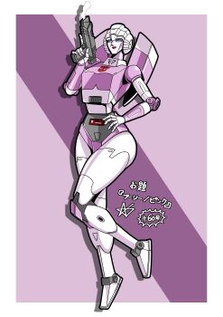 absurdres arcee autobot blue_eyes gun hand_on_own_hip handgun helmet highres humanoid_robot insignia metal_skin red_lips robot robot_girl samhoshi7 science_fiction thighs transformers transformers:_generation_1 weapon