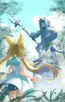 ahoge animal_ears blonde_hair cat_ears dress fins fish_girl fish_tail gawr_gura gawr_gura_(1st_costume) highres hololive hololive_english hungyn16526851 indie_virtual_youtuber lifebuoy_hair_ornament long_hair multicolored_hair one_side_up overgrown plant polearm sameko_saba shark_tail statue streaked_hair tail tree trident twintails very_long_hair vines virtual_youtuber weapon white_dress