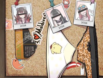 Rule 34 | animal print, artist name, black hair, blonde hair, brown hair, bulletin board, closed mouth, clothes focus, commentary, double v, english commentary, eyewear on head, hololive, hololive dev is, holtzworks, ichijou ririka, juufuutei raden, kotori (takanashi kiara), leopard print, long hair, multicolored hair, orange panties, panties, pin, pink hair, roboco-san, roboco-san (1st costume), smile, takanashi kiara, underwear, v, virtual youtuber, white hair, white panties