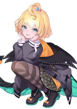 1girl absurdres ahoge aqua_eyes asymmetrical_legwear beads black_jacket blonde_hair blush cardigan full_body hair_beads hair_ornament hands_on_own_cheeks hands_on_own_face highres jacket kuraku_clack looking_at_viewer medium_hair millie_parfait millie_parfait_(1st_costume) mismatched_legwear nijisanji nijisanji_en off_shoulder open_mouth orange_cardigan pantyhose pleated_skirt simple_background skirt smile solo squatting striped_clothes striped_pantyhose variant_set virtual_youtuber white_background