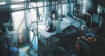 Rule 34 | 1girl, absurdres, bandages, black hair, blue eyes, blue sailor collar, club, club (weapon), cola, commentary request, highres, hugging own legs, indoors, instant cup noodles, instant noodles, long hair, on bed, original, pleated skirt, sailor collar, scenery, school uniform, serafuku, skirt, socks, solo, spiked club, weapon, white socks, zarea