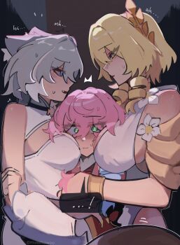 3girls aglaea_(honkai:_star_rail) animal_ears blonde_hair blue_eyes breasts cat_ears cat_girl chaerene choker cipher_(honkai:_star_rail) clothing_cutout commentary english_commentary english_text flower green_eyes grey_hair highres honkai:_star_rail honkai_(series) hyacine_(honkai:_star_rail) large_breasts laurel_crown medium_breasts multiple_girls pink_hair sleeveless squeezing sweatdrop twitter_username white_streaks yuri