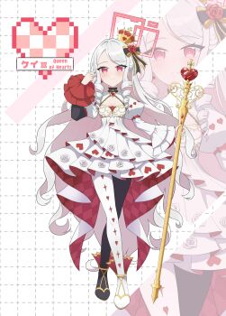 1girl absurdres asymmetrical_footwear asymmetrical_legwear black_pantyhose black_shoes blue_archive breasts checkered_clothes choker cleavage commentary_request cosplay crown dress frilled_choker frills full_body halo highres holding holding_scepter kei_(blue_archive) long_hair long_sleeves mismatched_footwear mismatched_legwear pantyhose puffy_long_sleeves puffy_sleeves queen_of_hearts_(alice_in_wonderland) red_eyes red_halo scepter shoes small_breasts solo standing very_long_hair white_background white_dress white_hair white_pantyhose white_shoes wuqi_wupenguin