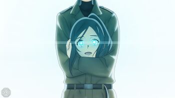 1girl 1other 86_-eightysix- bagua belt black_hair blue_eyes disembodied_head glowing glowing_eyes highres kaie_taniya military_uniform open_mouth original ponytail simple_background the_rebellion trigram white_background