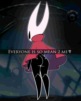 1girl arthropod_girl ass black_eyes blurry blurry_background cloak commentary english_commentary english_text everyone_is_so_mean_2_me_(meme) full_body highres hollow_knight hollow_knight:_silksong hornet_(hollow_knight) horns meme outline red_cloak scott_falco solo standing white_outline