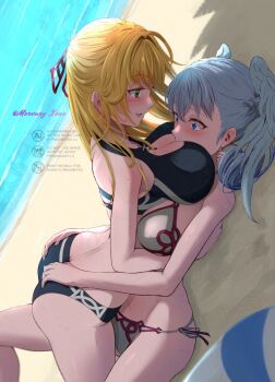 2girls adversarial_noise artist_name ass between_breasts bikini blonde_hair blue_bikini blue_eyes blush breast_press breasts butt_crack cleavage curly_hair dated embarrassed english_text face_between_breasts fiora_(xenoblade) grabbing_another&#039;s_ass green_eyes grey_bikini grey_hair grey_trim groping hair_ornament head_between_breasts head_wings highres hug large_breasts leg_between_thighs long_hair looking_down lying melia_antiqua mercury_xeno multiple_girls on_back open_mouth outdoors red_trim shade shadow side-tie_bikini_bottom swim_ring swimsuit twitter_username water watermark wings xenoblade_chronicles_(series) xenoblade_chronicles_1 yuri