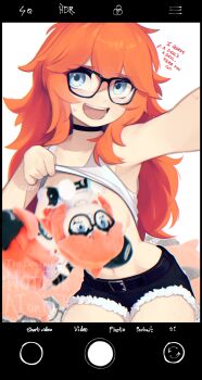 1girl :d belt black-framed_eyewear black_choker black_shorts blue_eyes borrowed_character cellphone character_doll choker clothes_lift commentary convenient_censoring doll english_commentary english_text fur-trimmed_shorts fur_trim glasses hair_between_eyes highres kaz_asteri long_hair looking_at_viewer open_mouth orange_hair original phone selfie shirt_lift short_shorts shorts sitting smartphone smile solo stuffed_toy tank_top watermark white_tank_top yoako