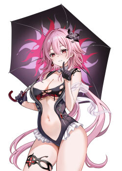 1girl bare_shoulders black_flower black_gloves black_one-piece_swimsuit blush breasts center_opening cleavage commentary_request detached_collar evernight_(honkai:_star_rail) flower gloves grin harimoji highres honkai:_star_rail honkai_(series) index_finger_raised long_hair looking_at_viewer march_7th_(honkai:_star_rail) medium_breasts navel one-piece_swimsuit pink_hair red_eyes smile solo swimsuit thighs umbrella