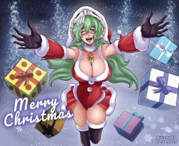 1girl 2025 artist_name bleach breasts christmas christmas_present cleavage english_text espada facial_mark female_focus gift gloves green_hair hat highres hollow_mask ivizard_art93 large_breasts leotard long_hair looking_at_viewer mask mask_on_head navel nelliel_tu_odelschwanck one_eye_closed open_hands open_mouth reaching reaching_towards_viewer santa_costume santa_hat skull_on_head sleeveless smile solo thighs