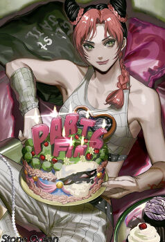Rule 34 | 1girl, alternate hair color, arm tattoo, braid, braided ponytail, brooch, bun with braided base, cake, cherry, commentary, copyright name, cupcake, detached sleeves, double bun, english text, food, fruit, green eyes, green jacket, grey pants, hair bun, heart, heart brooch, highres, holding, holding cake, holding food, jacket, jewelry, jojo no kimyou na bouken, kuujou jolyne, masakenme, multicolored hair, number candle, pants, pink pillow, red hair, single detached sleeve, solo, spider web print, stone ocean, string of pearls, tattoo, two-tone hair