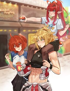 3girls abs absurdres ahoge baobhan_sith_(fate) blonde_hair blurry blurry_background breasts commentary day deccatezu english_commentary fate/grand_order fate_(series) fujimaru_ritsuka_(female) gen_3_pokemon green_eyes grey_eyes hair_between_eyes highres jewelry looking_at_another medium_breasts midriff mordred_(fate) mudkip multiple_girls navel necklace nintendo orange_eyes orange_hair outdoors pantyhose pointy_ears poke_ball pokemon ponytail red_hair short_sleeves shorts side_ponytail skirt sleeveless tongue