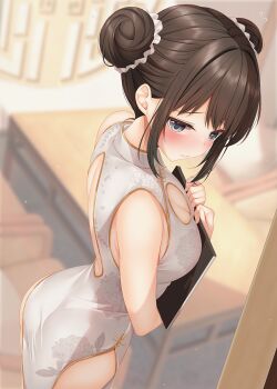 Rule 34 | 1girl, back cutout, bare shoulders, blue eyes, blush, breasts, brown hair, china dress, chinese clothes, cleavage, cleavage cutout, closed mouth, clothing cutout, commentary request, double bun, dress, floral print, floral print dress, from above, from side, gold trim, hair bun, hands up, highres, holding, holding menu, large variant set, looking at viewer, looking to the side, menu, minato ojitan, original, pelvic curtain, print dress, sleeveless, sleeveless dress, solo, variant set