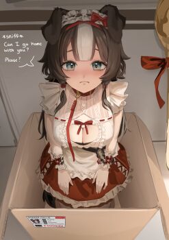 1girl absurdres animal_ears bibi_biscuit black_dress blue_eyes breasts brown_hair cleavage cleavage_cutout closed_mouth clothing_cutout collar dog_ears dog_girl dress frown highres large_breasts looking_at_viewer low_twintails maid medium_hair phase_connect red_collar solo tanukidraws twintails virtual_youtuber