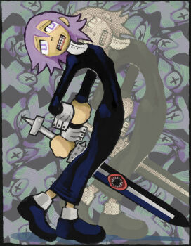 1other androgynous arms_behind_back bib_collar black_dress black_shoes crona_(soul_eater) dress gums hair_between_eyes highres holding holding_sword holding_weapon long_sleeves nostrils other_focus parted_lips plastiboo purple_eyes purple_hair ragnarok_(soul_eater) shoes soul_eater standing sword tareme teeth toon_(style) weapon x_x