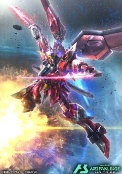 copyright_name copyright_notice dual_wielding energy_sword explosion green_eyes gundam gundam_arsenal_base gundam_seed gundam_seed_freedom holding holding_beam_saber holding_sword holding_weapon igaraigara immortal_justice_gundam mechanical_wings mobile_suit no_humans official_art robot science_fiction space sword v-fin weapon wings