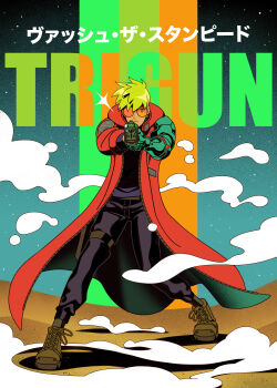 absurdres aiming blonde_hair boots coat copyright_name earrings gun handgun highres jewelry long_coat looking_at_viewer mole mole_under_eye orange-tinted_eyewear prosthesis prosthetic_arm red_coat revolver round_eyewear sarakipin single_earring steam sunglasses tinted_eyewear trigun trigun_stampede undercut vash_the_stampede weapon