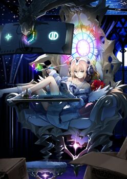 Rule 34 | 1girl, angel wings, armchair, bare shoulders, blonde hair, box, brand name imitation, cardboard box, cellphone, chair, clenched teeth, collarbone, computer keyboard, computer mouse, cup, dress, dress ribbon, drinking straw, fate/grand order, fate (series), feathered wings, foot out of frame, footrest, frilled socks, frills, full moon, game cg, glowing, hair between eyes, hair tie, headphones, holding, holding phone, jacket, jeanne d'arc (fate), knees up, konoe ototsugu, legs up, long hair, looking at phone, low twintails, metatron jeanne (fate), metatron jeanne (second ascension) (fate), monitor, moon, night, object request, off shoulder, official art, parted lips, phone, pom pom (clothes), purple jacket, purple ribbon, ribbon, shirt, short dress, sitting, sky, sleeveless, sleeveless dress, smartphone, socks, solo, strap slip, striped clothes, striped jacket, stuffed animal, stuffed toy, tank top, teeth, third-party source, twintails, unzipped, variant set, wavy mouth, white dress, white shirt, white socks, white wings, wings, yellow eyes, zipper, zipper pull tab