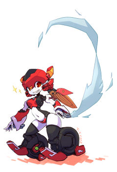 1girl clothed_robot commentary_request exhaust_pipe hair_wings helmet highres humanoid_robot magic_henshin mecha_musume mechanical_hair panties red_eyes red_helmet red_panties robot robot_girl scarlet_sonic smile t-t_u2 thighs underwear wheel wheeled_leg(s)