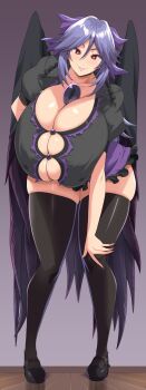 1girl alternate_breast_size_(larger) bare_arms bird_wings black_cape black_shoes black_thighhighs black_wings bow breasts bright_pupils button_gap buttons cape closed_mouth commentary_request covered_erect_nipples frilled_skirt frills full_body gigantic_breasts gradient_background grey_background hair_between_eyes hair_bow hand_on_own_leg highres indoors kloah leaning_forward legs_apart long_hair looking_at_viewer miniskirt outstretched_arm palette_swap purple_bow purple_hair purple_skirt purple_trim red_eyes reiuji_utsuho shiny_skin shirt shoes short_sleeves skindentation skirt smile solo standing thighhighs third_eye third_eye_on_chest touhou undersized_clothes very_long_hair white_pupils wings wooden_floor zettai_ryouiki