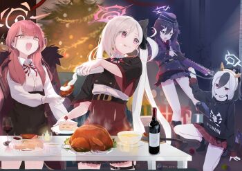 1boy 4girls :d absurdres alcohol artist_name aru_(blue_archive) black_hair black_hat black_jacket black_skirt blue_archive bottle candy_moon777 chicken_wing christmas christmas_tree coat coat_on_shoulders colored_bangs commentary_request doodle_sensei_(blue_archive) fabarm_fp6/sdass fake_antlers food fur-trimmed_coat fur_trim gun hair_between_eyes hair_over_shoulder halo haruka_(blue_archive) hat highres jacket kayoko_(blue_archive) long_hair looking_at_viewer low_wings multiple_girls mutsuki_(blue_archive) one_side_up open_mouth peeking_out problem_solver_68_(blue_archive) pump_action purple_hair red_hair red_halo red_skirt sensei_(blue_archive) shaded_face shirt shotgun sidelocks single_wing skirt smile standing steam sweatdrop table turkey_(food) underbust weapon white_hair white_halo white_shirt wine wine_bottle wings