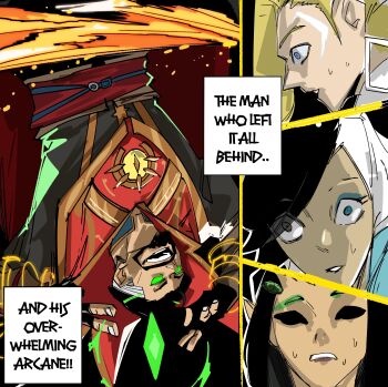 1boy absurdres alien blonde_hair blue_eyes bodysuit cape comic_panel_redraw crescent crescent_facial_mark dagger_(marvel) derivative_work doctor_strange facial_mark guardians_of_the_galaxy heterochromia highres jujutsu_kaisen long_hair looking_at_viewer luna_snow magic mantis_(marvel) marvel marvel_rivals moon_tattoo multicolored_hair neitheyagi scene_reference short_hair smile split-color_hair tattoo