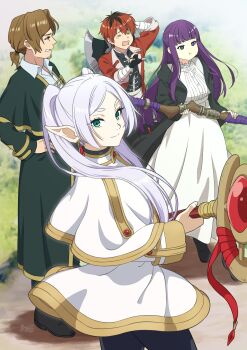 2boys 2girls :t =_= absurdres arm_behind_head artist_name axe bandaged_arm bandages battle_axe black_capelet black_cloak black_footwear black_gloves black_hair black_leggings black_robe black_shirt blunt_bangs boots breasts bright_pupils brown_hair capelet clenched_teeth cloak closed_eyes collared_shirt commentary dress dress_shirt elf eyelashes facial_hair fern_(sousou_no_frieren) fingerless_gloves frieren girugiru_(tektonics6588) gloves goatee grass green_eyes hair_over_shoulder hair_tie hand_up highres hikimayu holding holding_staff jacket large_breasts leggings long_hair long_sleeves looking_afar looking_ahead looking_at_another looking_at_viewer mage_staff mandarin_collar medium_hair multicolored_hair multiple_boys multiple_girls open_mouth outdoors pantyhose parted_bangs path pointy_ears ponytail pout purple_eyes purple_hair raised_eyebrows red_hair red_jacket road robe roots_(hair) sash sein_(sousou_no_frieren) shirt short_eyebrows signature sousou_no_frieren staff standing stark_(sousou_no_frieren) tearing_up teeth thick_eyebrows toggles twintails twitter_username two-tone_hair very_long_hair waist_sash weapon weapon_on_back white_capelet white_dress white_hair white_sash white_shirt