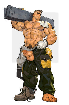 Rule 34 | 1boy, abs, bara, barefoot, biceps, black eyes, brown hair, brown shoes, carrying over shoulder, collarbone, commentary request, construction worker, eyebrow cut, facial hair, feet, full body, girthy penis, gloves, green pants, groin, hard hat, helmet, highres, large pectorals, large penis, large testicles, male focus, male pubic hair, muscular, muscular arms, muscular male, navel, nipples, original, pants, pectorals, penis, penis out, pocket, precum, pubic hair, pubic hair peek, scar, scar on face, scar on mouth, scar on stomach, shiny skin, shoes, simple background, single bare foot, single shoe, solo, stubble, sweat, testicles, thick eyebrows, thick neck, topless male, towel, towel on one shoulder, untied shoelaces, unworn headwear, unworn helmet, white background, white gloves, xian miao