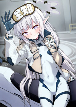 Rule 34 | 1girl, absurdres, black halo, blue archive, bodysuit, commentary request, covered navel, cropped jacket, earclip, hair tubes, halo, head-mounted display, highres, himari (armed) (blue archive), himari (blue archive), hover bike, long hair, looking at another, mask, mask on head, meluwow, mole, mole under eye, motor vehicle, motorcycle, multicolored halo, official alternate costume, on motorcycle, pointy ears, sitting, sleep mask, solo, two-tone halo, white bodysuit, white hair, white halo