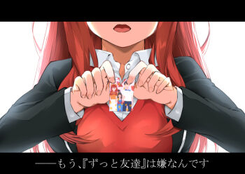 1girl black_jacket blazer collared_shirt commentary_request go-toubun_no_hanayome holding holding_photo jacket letterboxed long_hair nakano_itsuki open_mouth photo_(object) red_hair red_sweater_vest school_uniform shirt simple_background solo sweater_vest tearing_paper translation_request uesugi_fuutarou uesugi_raiha white_background white_shirt winter_uniform yakutashi