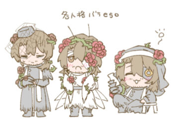 Rule 34 | 3boys, :3, absurdres, ahoge, alcohol, alternate costume, antennae, arm up, arthropod boy, arthropod limbs, bags under eyes, beard stubble, black boots, black capelet, black dress, black gauntlets, black hat, black sash, black veil, blush, boots, bottle, brown eyes, brown hair, buttons, capelet, chibi, chibi only, closed eyes, closed mouth, cockroach boy, crown of thorns, diamond (shape), diamond button, dress, drunk, e.g.o (project moon), eyepatch, facial hair, flower, flower wreath, from front, full body, garden of thorns (e.g.o), gauntlet, gauntlets, glasses, gregor (project moon), hair between eyes, hair flower, hair intakes, hair ornament, hair vines, hairband, half-closed eyes, hand on hilt, hand up, happy, hat, head wreath, highres, holding, holding bottle, holding sword, holding weapon, kurokumo clan (identity) (project moon), lily26983455, limbus company, long hair, long sleeves, looking ahead, low ponytail, male bride, male focus, multiple boys, official alternate costume, one-eyed, one eye covered, open mouth, own hands together, parted bangs, parted lips, plant, planted, planted sword, planted weapon, ponytail, project moon, raised eyebrows, rapier, red flower, red rose, rose, sake, sake bottle, sanpaku, sash, shoulder sash, simple background, single gauntlet, sitting, smile, standing, straight-on, stubble, sweatdrop, sword, thorns, torn capelet, torn clothes, torn dress, veil, vines, waist sash, weapon, white background, white buttons, white dress, white sash, wings, wuthering heights (identity) (project moon)