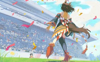 6+boys 6+girls animal_ears bare_shoulders black_hair black_kimono black_thighhighs boots chinese_commentary commentary_request detached_sleeves from_behind highres horse_ears horse_girl horse_tail japanese_clothes kimono kitasan_black_(crowning_ooban)_(umamusume) kitasan_black_(umamusume) mikann_(clm_mikan) multiple_boys multiple_girls outstretched_arms red_boots shirt short_hair spread_arms stadium tail thighhighs two_side_up umamusume yellow_shirt