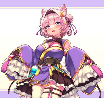 1girl animal_ears black_hairband blue_eyes blush bow braid braided_hair_rings breasts brown_corset brown_skirt china_dress chinese_clothes cleavage corset detached_sleeves double_bun dress gradient_eyes hair_bun hair_intakes hair_ornament hair_ribbon hair_rings hairband hakui_koyori highres hololive large_breasts legwear_garter long_sleeves medium_hair multicolored_eyes open_mouth pink_hair pink_ribbon purple_background purple_dress purple_eyes purple_sleeves ribbon single_legwear_garter skirt sleeves_past_fingers sleeves_past_wrists solo tassel tdk teeth thigh_strap thighhighs thighs two-tone_background upper_teeth_only white_background white_thighhighs wolf_ears wolf_girl yellow_bow