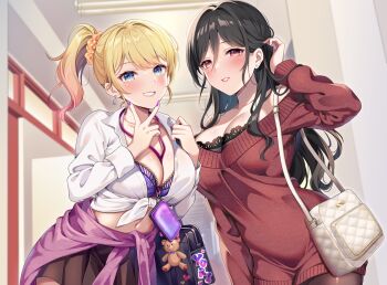 Rule 34 | 2girls, arm up, bag, black bra, black hair, black skirt, blonde hair, blue eyes, bra, breasts, cardigan, cardigan around waist, ceiling, cleavage, clothes around waist, dress, earrings, grin, hair between eyes, highres, indoors, jewelry, long hair, long sleeves, looking at viewer, medium breasts, medium hair, multiple girls, open clothes, open shirt, orange scrunchie, pantyhose, parted lips, pink cardigan, pleated skirt, purple bra, purple nails, red eyes, red sweater, school uniform, scrunchie, shirt, side ponytail, sidelocks, skirt, smile, stud earrings, suzumia (daydream), sweater, tied shirt, underwear, v, white bag, white shirt