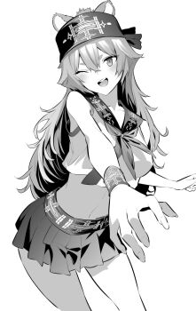 1girl animal_ears collarbone cowboy_shot crop_top hair_between_eyes highres hiiragi_yuuichi long_hair midriff monochrome navel one_eye_closed open_mouth original ribbon sailor_collar shirt skirt sleeveless sleeveless_shirt solo wrist_cuffs