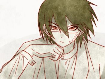 1boy black_hair commentary_request glasses hair_between_eyes hand_on_own_chin highres hitotoshite_jiku_ga_bureteiru itoshiki_nozomu japanese_clothes kimono looking_at_viewer magusagari male_focus outline portrait red_eyes red_outline sayonara_zetsubou_sensei shosei solo translation_request white_background