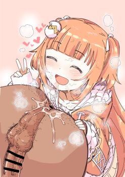 1boy 1girl :d anilingus ass blush censored closed_eyes dark-skinned_male dark_skin kirara_tamako loli nijisanji open_mouth orange_hair penis saliva saliva_trail smile stray_pubic_hair sturkey testicles v