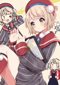 1girl beret blonde_hair blue_ribbon blunt_bangs blush braid closed_mouth collared_shirt commentary_request drawing_(action) drawing_tablet dress_shirt feet_out_of_frame fingernails green_eyes grey_jacket grey_skirt hair_ornament hair_rings hat highres holding holding_drawing_tablet holding_stylus indie_virtual_youtuber jacket kneehighs knees_up legwear_garter long_sleeves looking_afar looking_ahead miniskirt multiple_views neck_ribbon pinstripe_jacket pinstripe_pattern pinstripe_skirt pleated_skirt pom_pom_(clothes) pom_pom_hair_ornament red_hat red_sailor_collar red_socks ribbon sailor_collar school_uniform shigure_ui_(vtuber) shigure_ui_(vtuber)_(1st_costume) shigure_ui_(vtuber)_(young) shirt short_hair side_braid side_up_ring skirt sleeve_cuffs smile socks stylus suzushika_(13_96) swept_bangs virtual_youtuber white_shirt