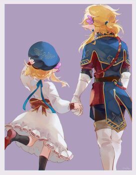 Rule 34 | 1boy, 1girl, beret, blonde hair, boots, border, brother and sister, commentary request, dress, earrings, flower, from behind, gloves, hair flower, hair ornament, hat, holding hands, jewelry, link, military uniform, nintendo, pointy ears, rain rkgk, royal guard set (zelda), siblings, sidelocks, simple background, the legend of zelda, the legend of zelda: breath of the wild, triforce print, white boots, white dress, white gloves