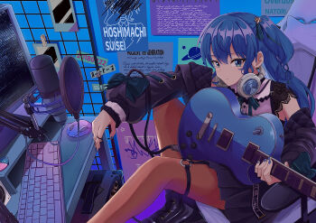 1girl amplifier ankle_boots black_boots black_skirt blue_eyes blue_hair blue_nails blue_ribbon boots chair commentary computer_keyboard computer_mouse double-parted_bangs earrings electric_guitar gaming_chair guitar hair_between_eyes hair_ornament hair_ribbon headphones headphones_around_neck highres holding holding_guitar holding_instrument hololive hoshimachi_suisei hoshimachi_suisei_(casual) indoors instrument jewelry lace lace-trimmed_sleeves lace_sleeves lace_trim long_hair long_sleeves looking_at_viewer microphone microphone_stand mocchan_(mo_chan0225) monitor no_headwear o-ring o-ring_thigh_strap off_shoulder official_alternate_costume official_alternate_hairstyle one_side_up orange_pantyhose overdose_(natori) pantyhose pleated_skirt polaroid_photo poster_(object) puffy_long_sleeves puffy_sleeves quilted_jacket ribbon ring short_sleeves sidelocks sitting skirt skirt_set sleeve_ribbon solo star_(symbol) star_hair_ornament star_in_eye static stud_earrings studio_microphone swivel_chair symbol-shaped_pupils symbol_in_eye thigh_strap virtual_youtuber