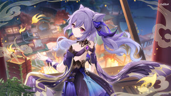 1girl absurdres backless_dress backless_outfit commentary cone_hair_bun dress english_commentary from_behind genshin_impact hair_bun highres keqing_(genshin_impact) keqing_(opulent_splendor)_(genshin_impact) long_hair looking_at_viewer looking_back official_art purple_eyes purple_hair short_sleeves smile solo standing twintails very_long_hair