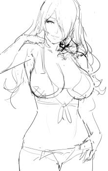 1girl alternate_costume bikini bikini_under_clothes breasts camilla_(fire_emblem) cleavage collarbone cowboy_shot crop_top denim denim_shorts fire_emblem fire_emblem_fates front-tie_top hair_over_one_eye halterneck j@ck large_breasts long_hair looking_to_the_side micro_shorts navel nintendo open_clothes open_fly open_shorts outdoors parted_lips ribbon shirt short_sleeves shorts side-tie_bikini_bottom sketch smile solo stomach string_bikini swimsuit unfinished very_long_hair